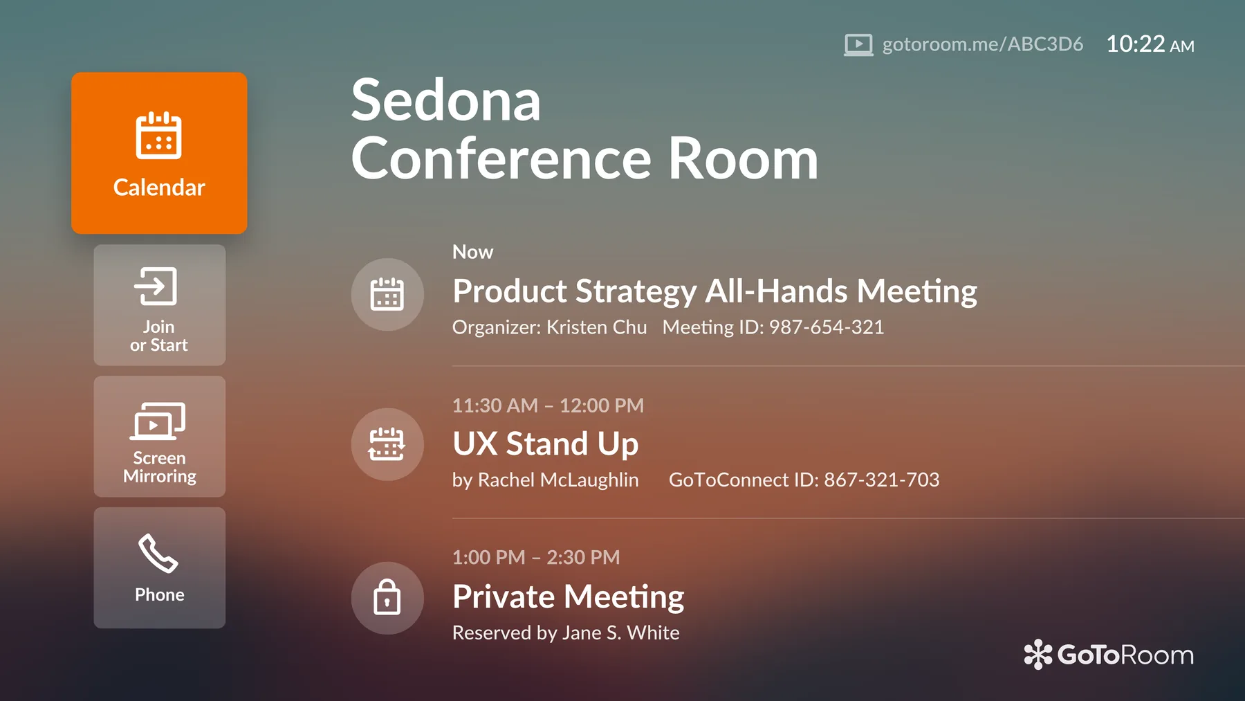GoToRoom TV interface for the Sedona Conference Room showing the room's schedule: a Product Strategy All-Hands happening now, a UX Stand Up next, and a private meeting after