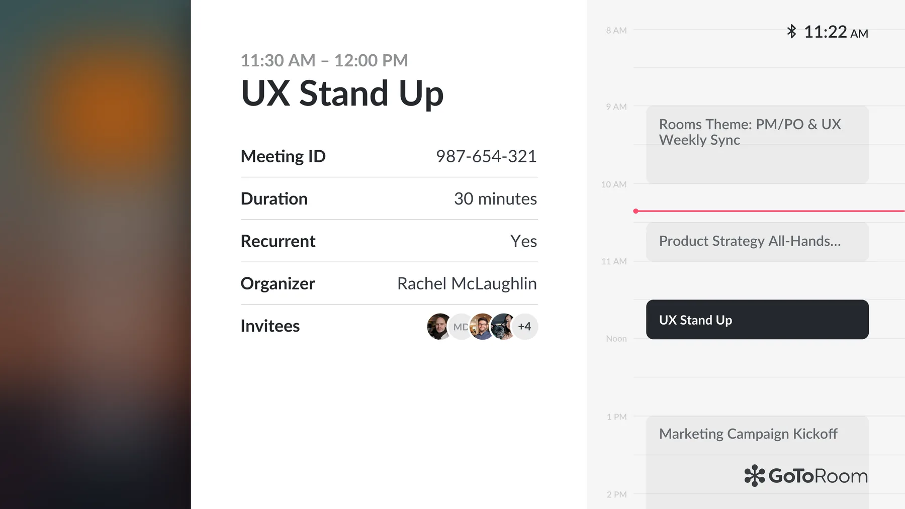 GoToRoom TV meeting detail for a UX Stand Up: meeting ID, duration, recurrence, organizer, and invitees beside the day's agenda