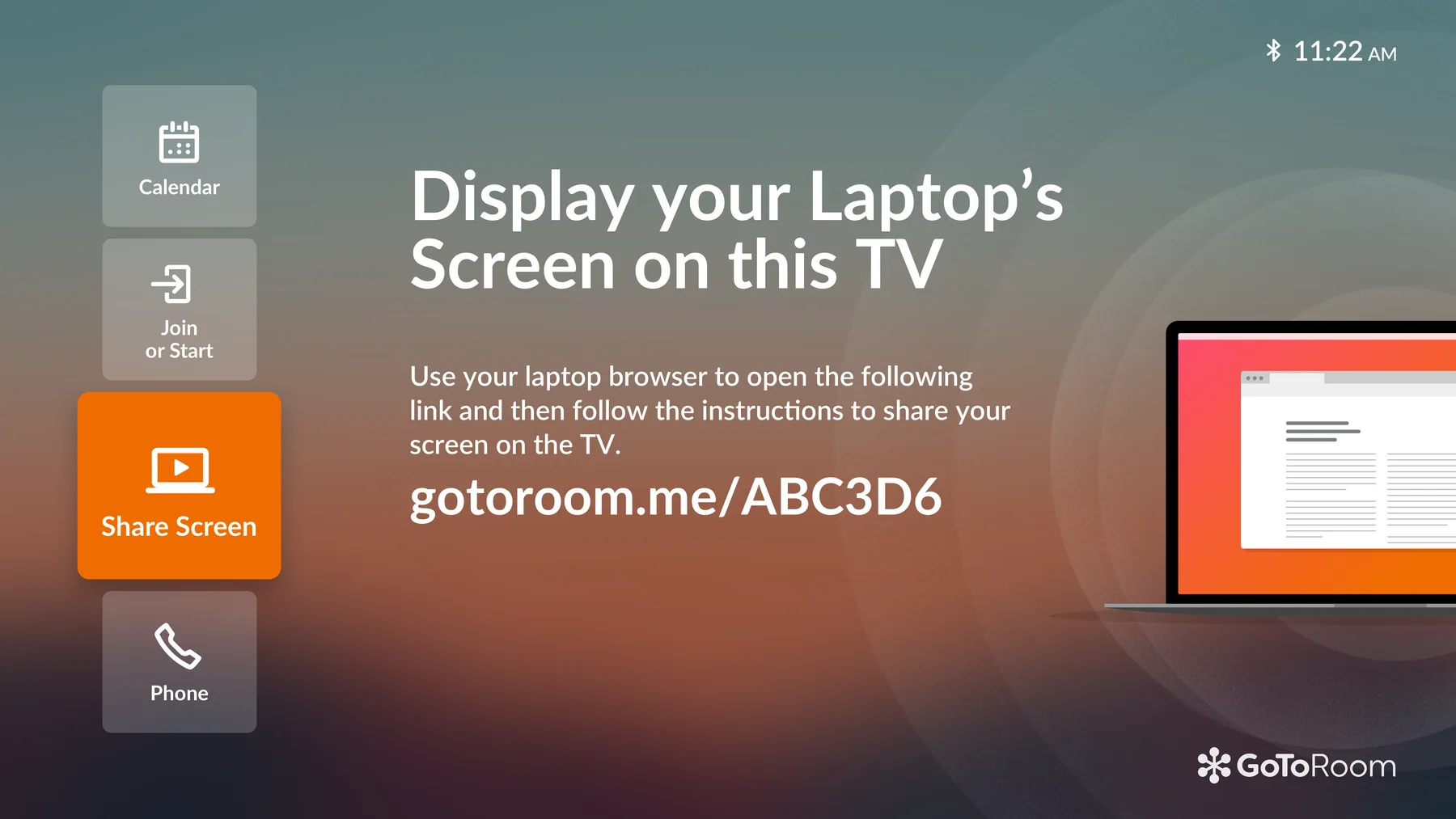 GoToRoom TV screen-sharing instructions: a short URL to open on a laptop, with calendar, join, share screen, and phone actions in a sidebar