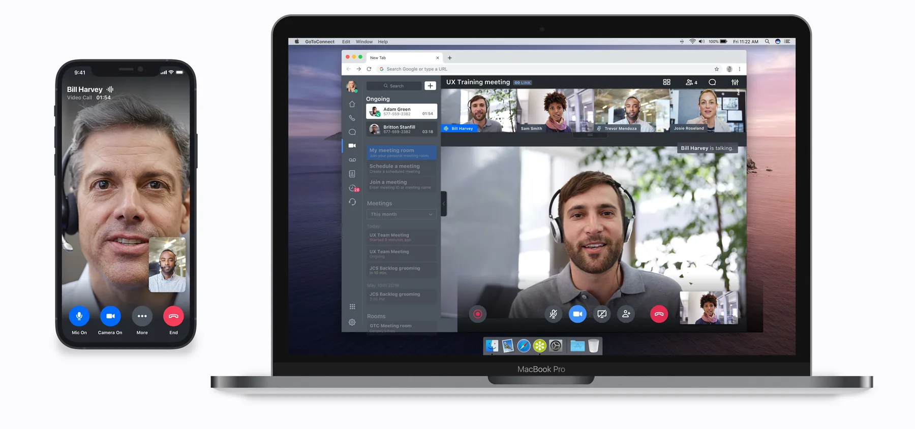 GoToConnect Meetings running on an iPhone and a MacBook Pro — a video call in progress with participant thumbnails, meeting list sidebar, and call controls