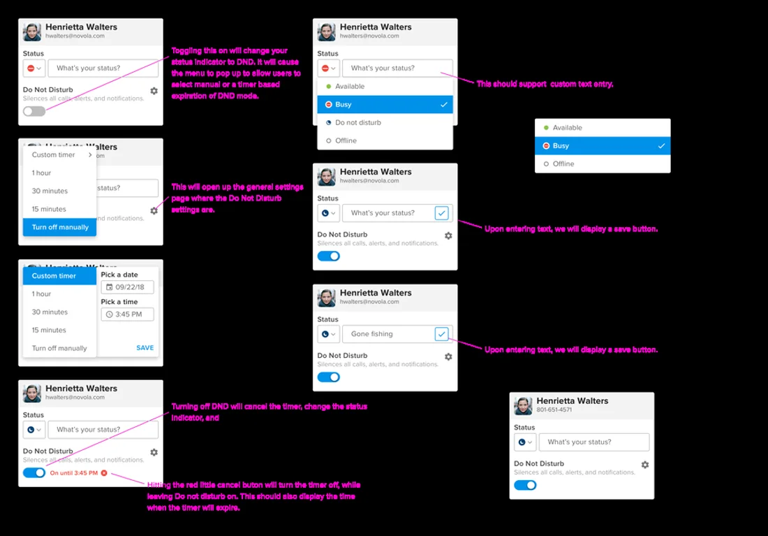 A design specification for do-not-disturb status controls: interface states connected by red annotation lines explaining exactly how each state behaves