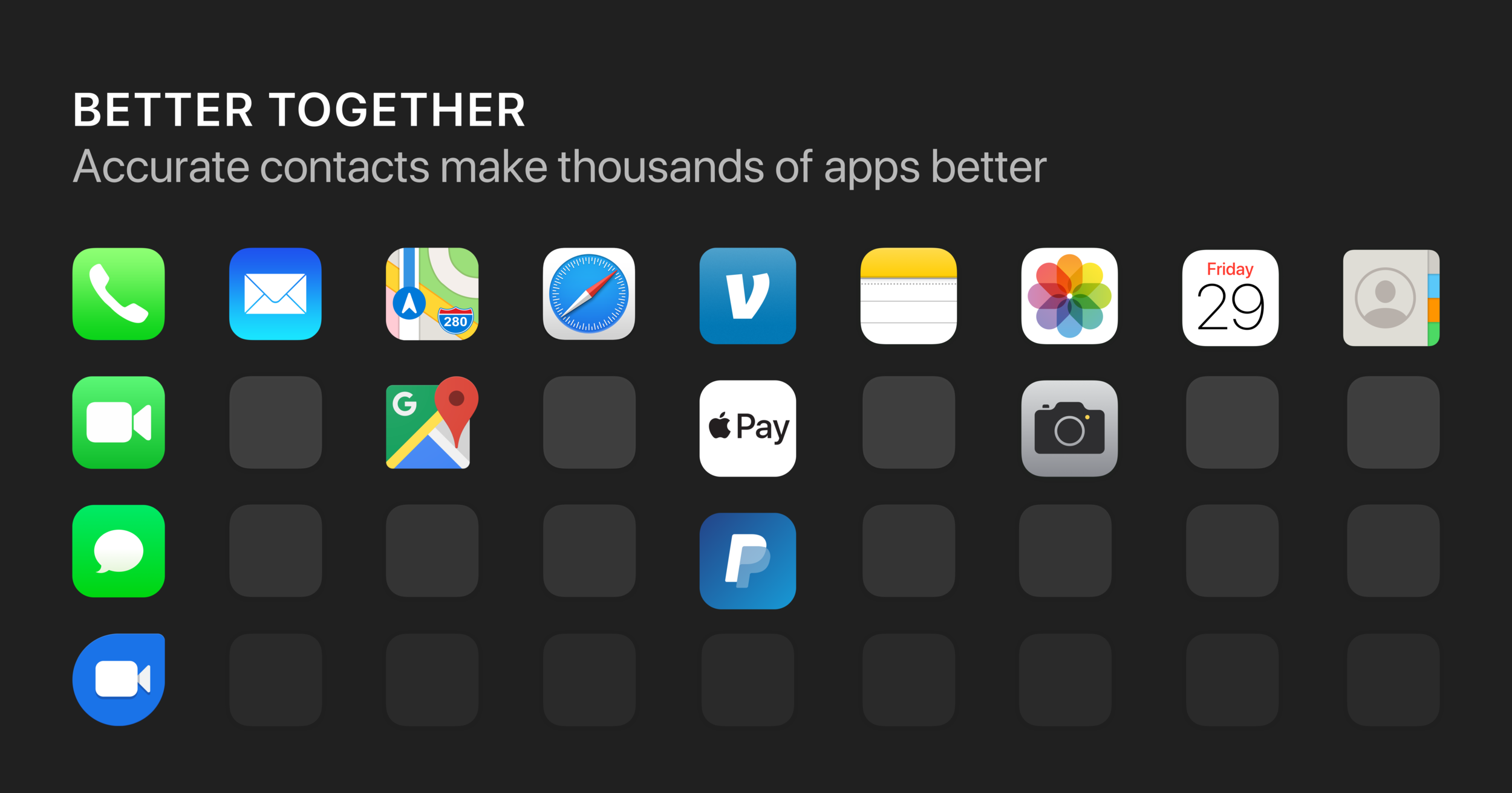 A dark vision slide titled 'Better Together — Accurate contacts make thousands of apps better,' showing a grid of iOS app icons that all depend on contact data: Phone, Mail, Maps, Safari, Venmo, Notes, Photos, Calendar, Contacts, FaceTime, Google Maps, Apple Pay, Camera, Messages, PayPal, and Google Duo.