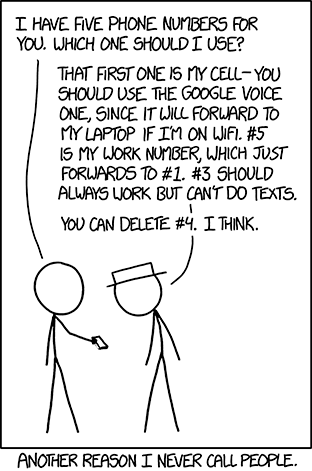 xkcd comic 'Phone Numbers': one person rattles off five different phone numbers and a tangle of rules for which forwards to which and when to use each. The caption reads, 'Another reason I never call people.'