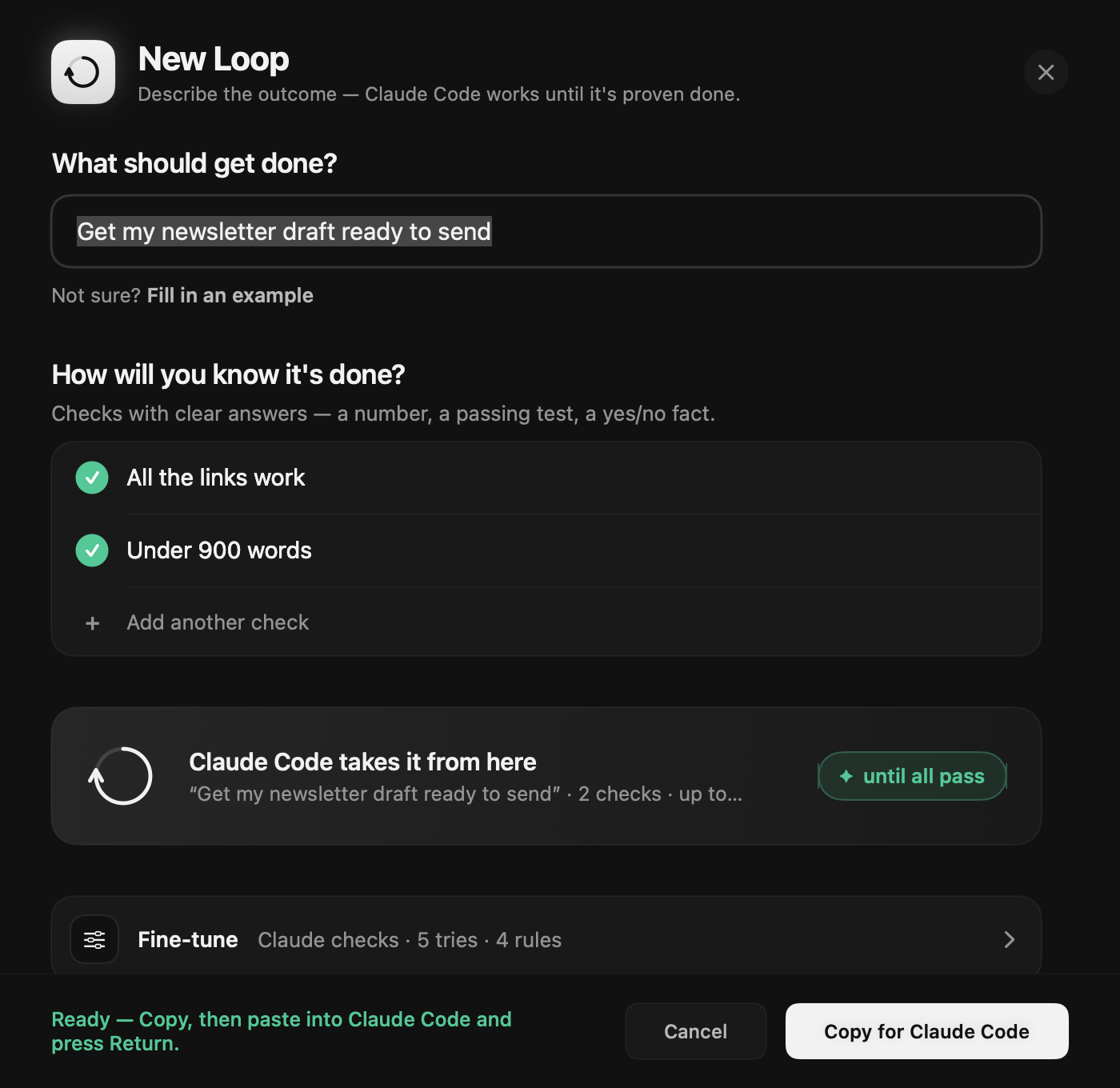 Prompty New Loop sheet with a newsletter goal, two success checks, Fine-tune controls, and Copy for Claude Code action