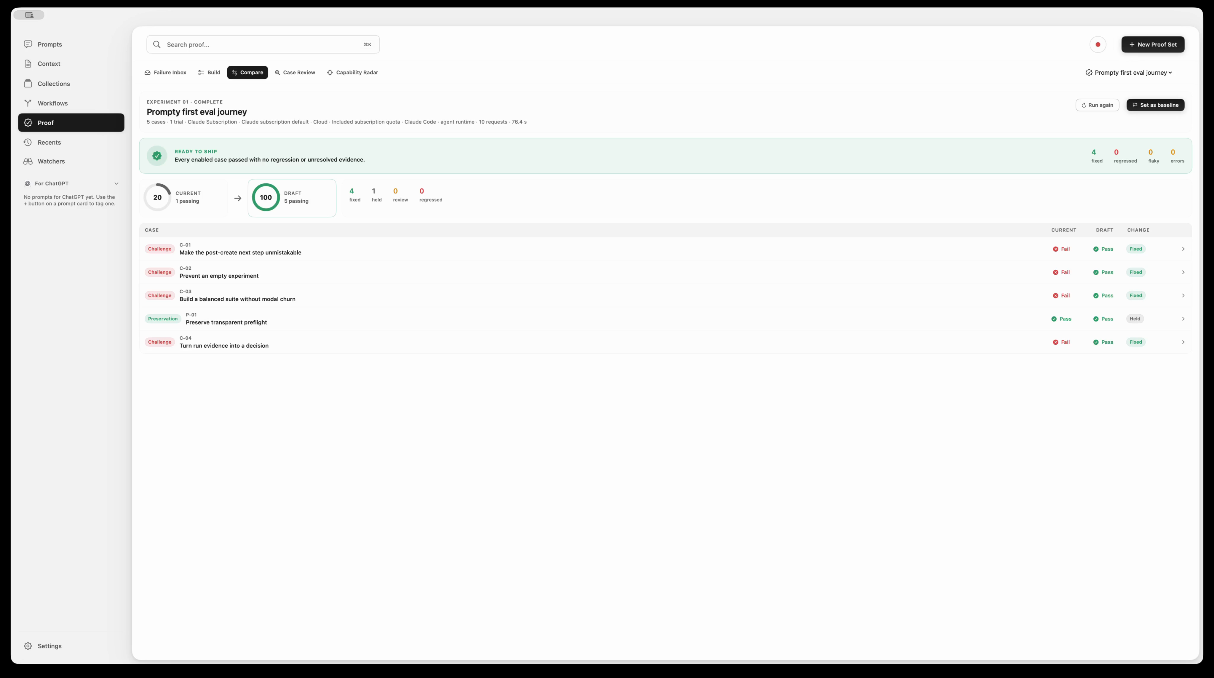 Prompty comparison showing the original design passing one of five checks and the redesign passing all five; four problems were fixed and the one successful behavior stayed intact