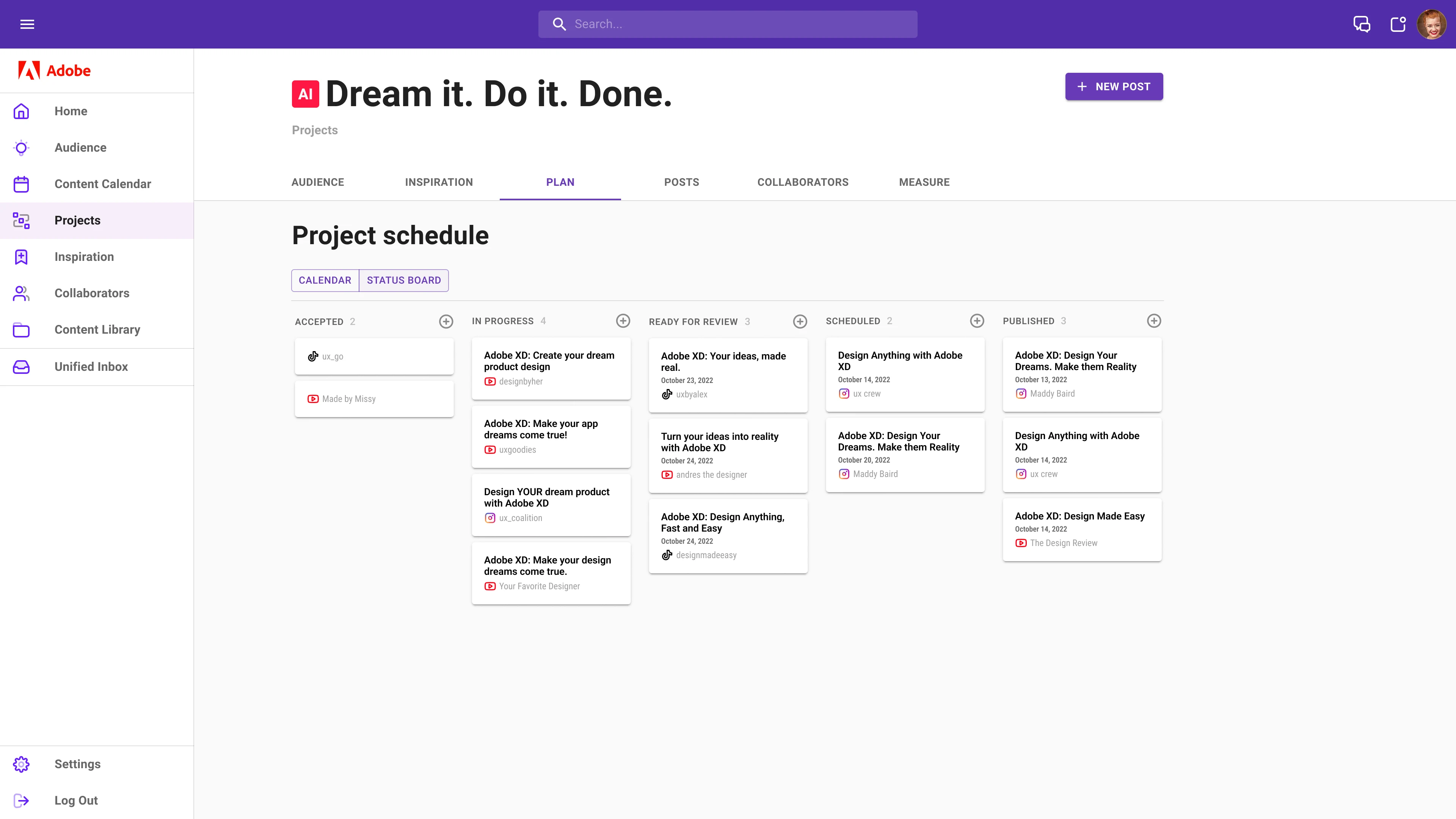 VisionType campaign status board showing creator deliverables from accepted through published